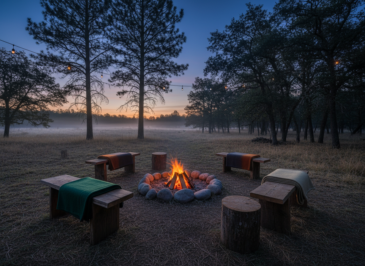 An inviting campfire circle set within a small clearing at the edge of a pine and oak woodland on a ranch. The main focus is a carefully arranged ring of smooth river stones containing a modest, safely built fire with gentle orange flames and glowing embers. Around it sit sturdy, handmade wooden stools and log rounds, each with a folded wool blanket in earthy tones. String lights are subtly visible hanging between nearby trees, unlit in the soft blue hour after sunset. Faint mist lingers at ground level, and the sky holds the last traces of fading light. Shot from a low, slightly off-center angle, the composition leads the eye toward the fire as a focal point of gathering and reflection. Photographic realism with a serene, contemplative atmosphere, suggesting wilderness experiences and quiet healing without any people present.