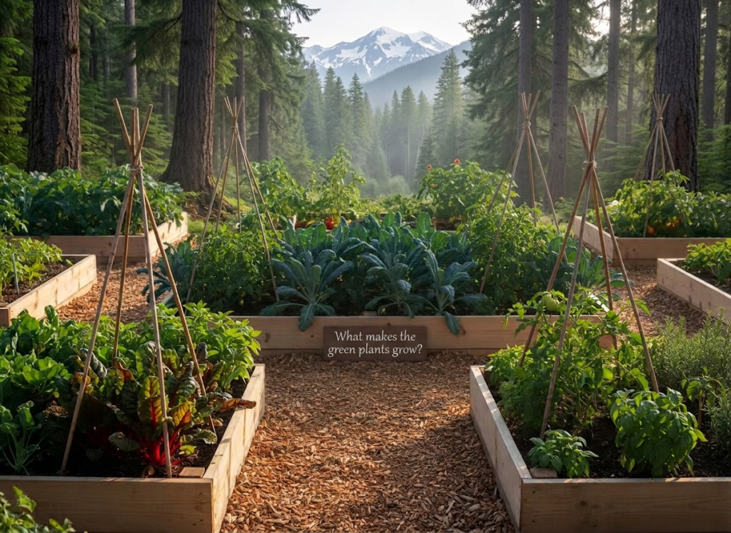 A serene vegetable and herb garden at Little Heathens Ranch, captured in crisp photographic realism. Neat raised beds made of untreated, pale cedar boards are filled with dark, rich soil and thriving plants: leafy kale, bright chard, tomato vines on simple wooden trellises, and dense clusters of basil and rosemary. Between the beds, wood-chip paths create clean lines and walkways. A small, hand-painted wooden sign labeled “Healing Garden” is stuck into one bed, its lettering carefully crafted. Early morning sunlight filters through a thin veil of fog, creating soft beams and dew-sparkle highlights on leaves. The mood is peaceful and hopeful, emphasizing sustainability and growth. Shot from a slightly elevated angle with moderate depth of field, the composition balances foreground detail and a subtly blurred background of pasture and fence, conveying professional care and natural resilience.