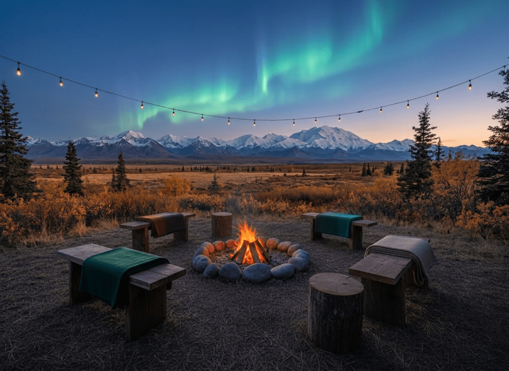 An inviting campfire circle set within a small clearing at the edge of a pine and oak woodland on a ranch. The main focus is a carefully arranged ring of smooth river stones containing a modest, safely built fire with gentle orange flames and glowing embers. Around it sit sturdy, handmade wooden stools and log rounds, each with a folded wool blanket in earthy tones. String lights are subtly visible hanging between nearby trees, unlit in the soft blue hour after sunset. Faint mist lingers at ground level, and the sky holds the last traces of fading light. Shot from a low, slightly off-center angle, the composition leads the eye toward the fire as a focal point of gathering and reflection. Photographic realism with a serene, contemplative atmosphere, suggesting wilderness experiences and quiet healing without any people present.