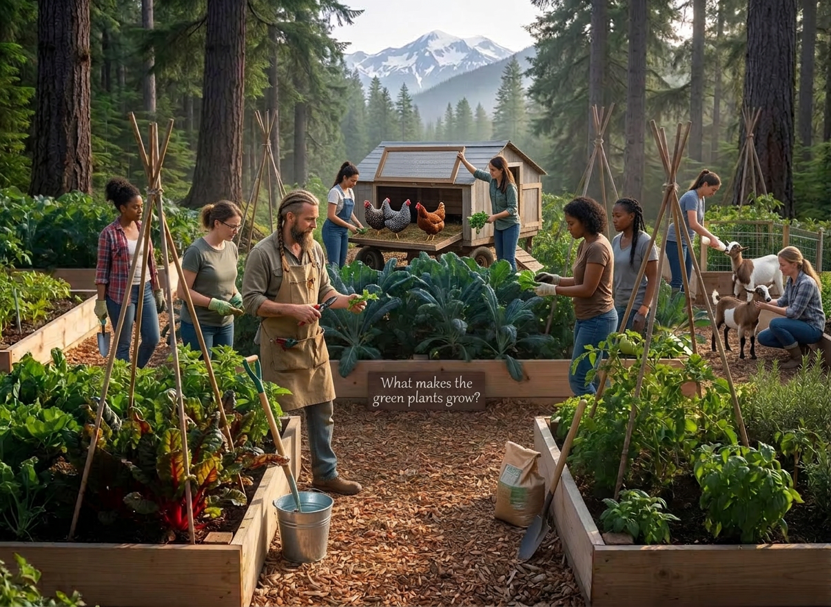 Community gardening with animals and mountains Group working in raised garden beds harvesting leafy greens and tending chickens and goats in a forest setting